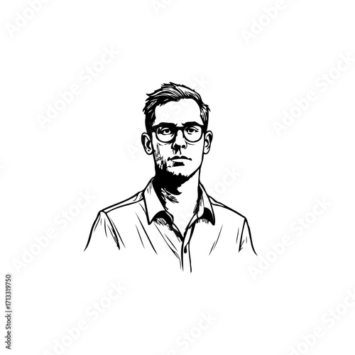 Monochrome sketch depicting a thoughtful man with glasses in a formal shirt on white backdrop