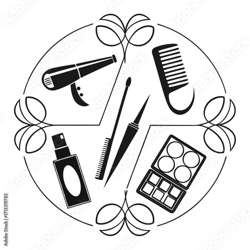 Black silhouette icons of beauty and hair care products arranged within a decorative circular frame on a white background Keywords: beauty, hair care, makeup, icons, silhouette, hairdryer, comb