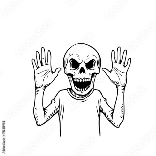 Monochrome skeletal figure in t-shirt with hands raised against blank backdrop evoking eerie
