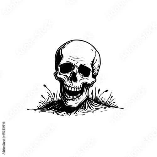 Monochrome skull illustration emerging from earth in a stark depiction of mortality and