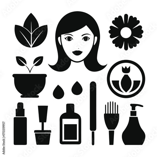 Black silhouette icons of beauty and skincare products with a female face and plant elements on a white background Keywords: beauty, cosmetics, skincare, icons, silhouette, female, face, plant