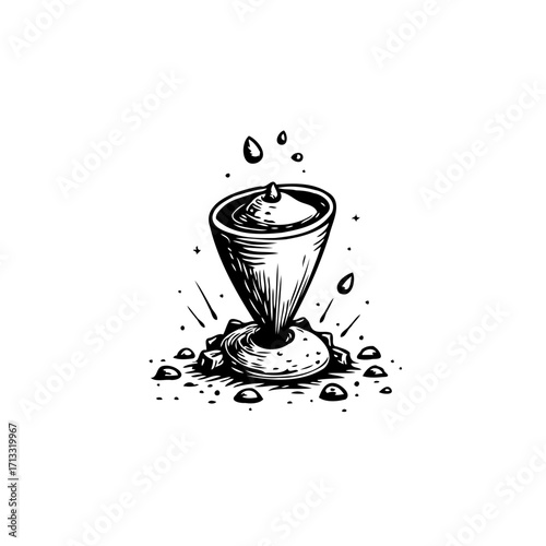Monochrome vector image exhibiting a liquid flow forming a cone like shape and geometric arrangement