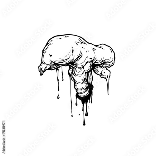 Monochrome visceral form rendering with dripping viscous substance suggesting organic deformation