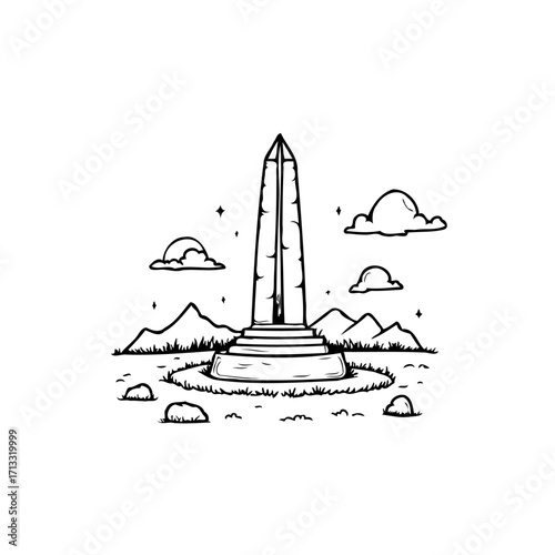 Monolithic monument in a barren landscape beckons curiosity and reflection amid scattered