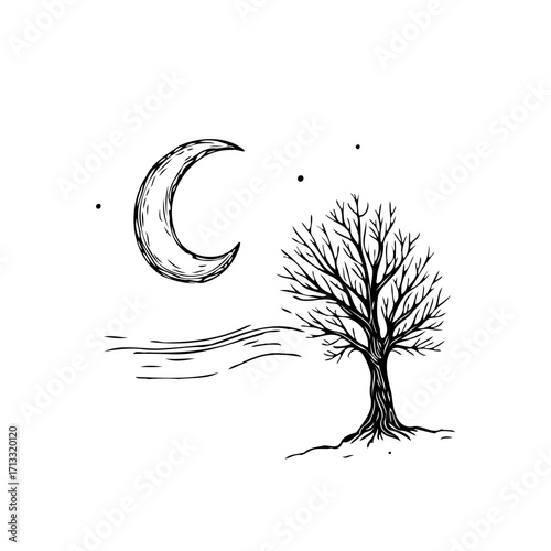 Mystical monochrome illustration featuring crescent moon celestial bodies serene waterside with a