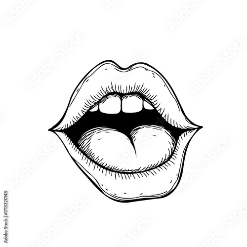 Open lips sketch featuring teeth and tongue detailed line work black and white drawing artistic