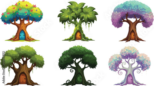 Fantasy magical trees illustration with colorful doors, fairy tale forest design, enchanted nature background, creative vector art for storytelling