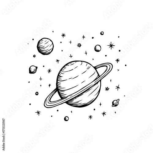 Mystical planet with rings floating in starlit space showcasing a blend of celestial bodies and