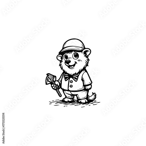 Playful cartoon bear character ready for outdoor adventure wearing a hat and bow tie with equipment