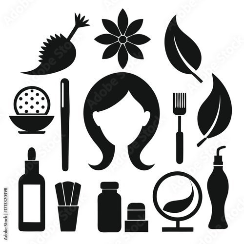 Collection of Black Silhouettes of Beauty and Hair Care Products and Elements on White Background