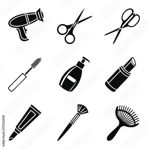Collection of nine black grooming and beauty icons on a white background hairdryer hair dryer