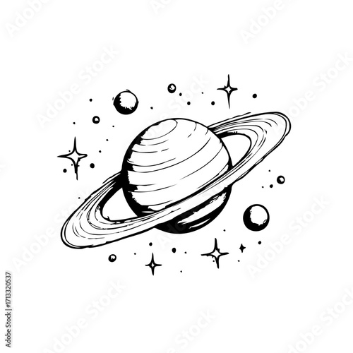 Saturn planet exploration cosmic realm celestial bodies drawing orbiting rings starfield