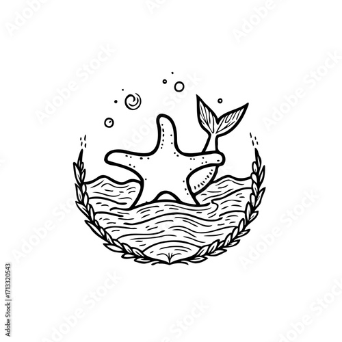 Sea star embraced by wave crest and whale tail in a sea flora frame handrawn art illustration