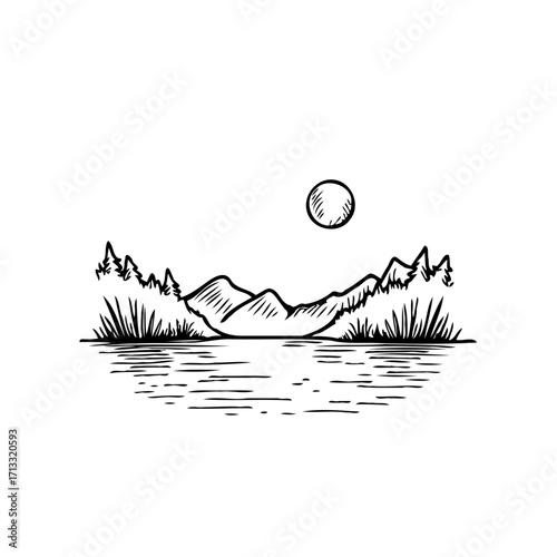 Serene landscape illustration portraying mountainous peaks reflected in calm waters under a bright