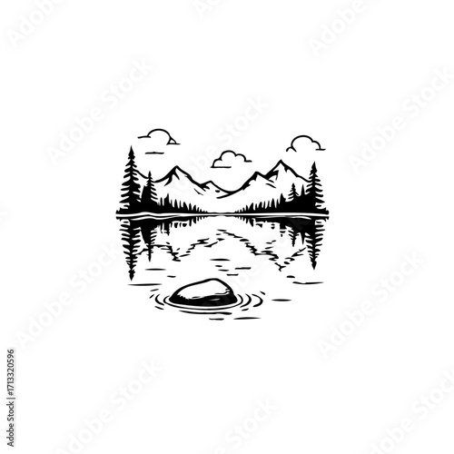 Serene mountain landscape illustration reflected in tranquil waters offering a scenic nature