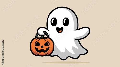 Ghost holding jack-o-lantern trick or treat bucket on Clean background
