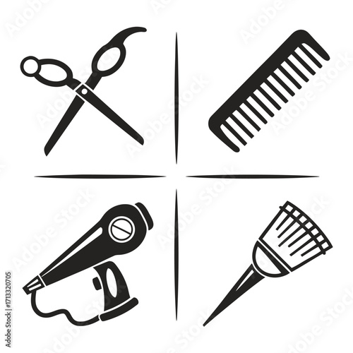 Four Black Icons of Hairdressing Tools Arranged in a Grid Formation on a White Background Keywords: hairdressing, salon, tools, icons, symbols, scissors, comb, hair dryer, makeup brush, grid