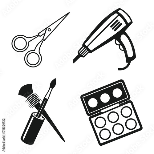 Four black and white line art icons depicting beauty and hair styling tools including scissors, a hairdryer, a mascara wand with a brush, and an eyeshadow palette