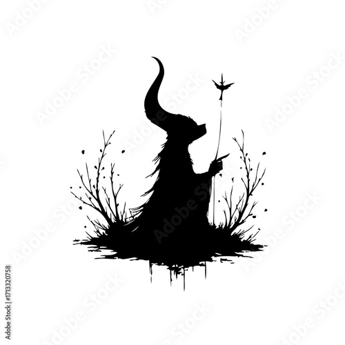 Silhouette illustration of a horned figure in a mystical setting with botanical elements evokes
