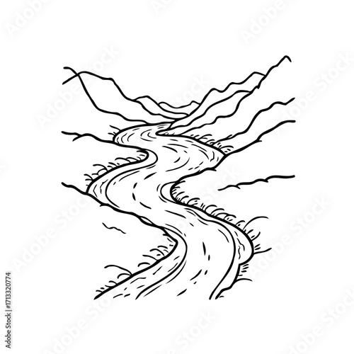 Serpentine river winding through mountainous terrain creating a scenic landscape for travel