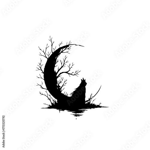 Silhouette serenity: Feline contemplation under ethereal moonrise amidst tangled branches whispers