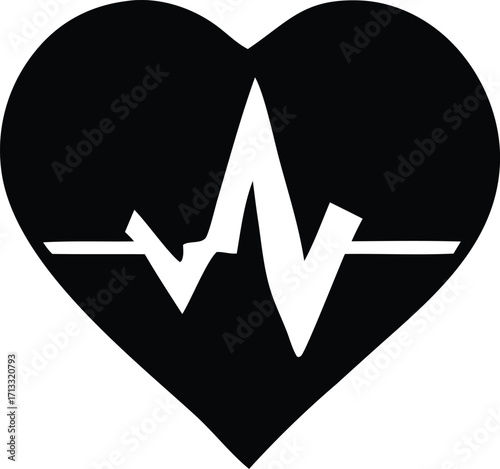 Iconic black heart silhouette with white ecg heartbeat line symbolizing health and vitality for medical and wellness themes