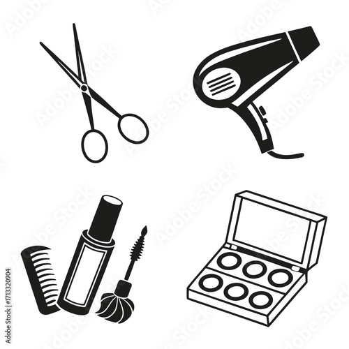 Four Black Silhouette Icons of Hairdressing and Makeup Tools on White Background beauty salon