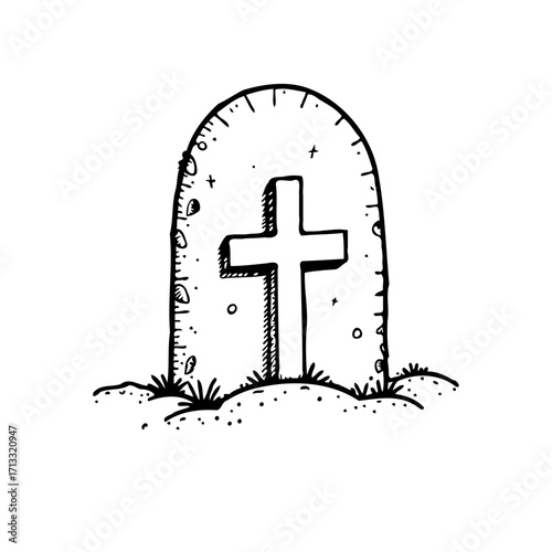 Simple line drawing depiction of a tombstone with a cross expressing memorial themes and eternal