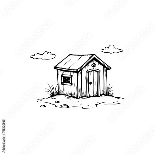 Simple monochrome hut drawing with white background conveys peaceful escape and architectural