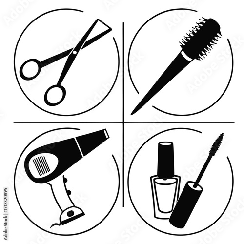 Four Circular Icons Showcasing Hairdressing and Makeup Tools on a White Background scissors hair brush