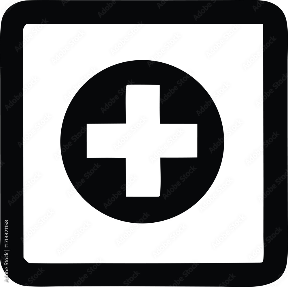 Fototapeta premium Simple white plus symbol inside black circle within rounded square icon representing healthcare medical aid addition