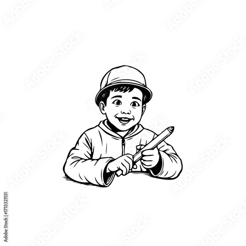 Sketch of a joyful young boy wearing a hat holding a crayon with a confident expression artistic