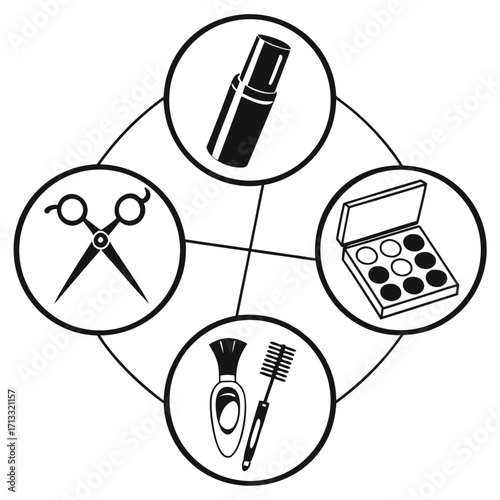 Interconnected Circular Icons of Beauty and Hairdressing Tools on a White Background salon makeup