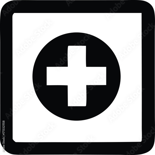 Simple white plus symbol inside black circle within rounded square icon representing healthcare medical aid addition