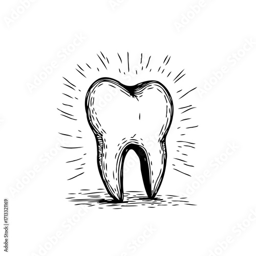 Sketch of a radiant tooth illustration displaying dental health and hygiene symbol representation