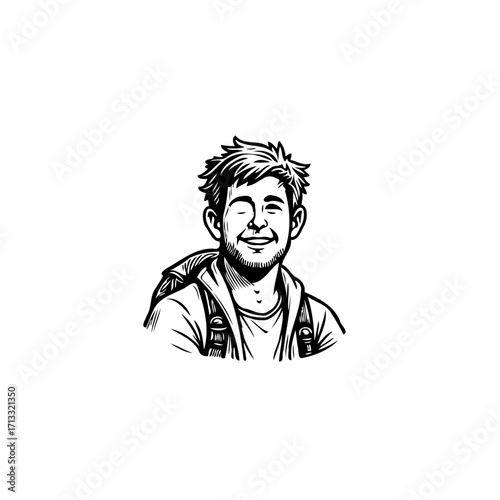 Smiling adventurer: A carefree journey, featuring a backpacker's joyful expression with artistic