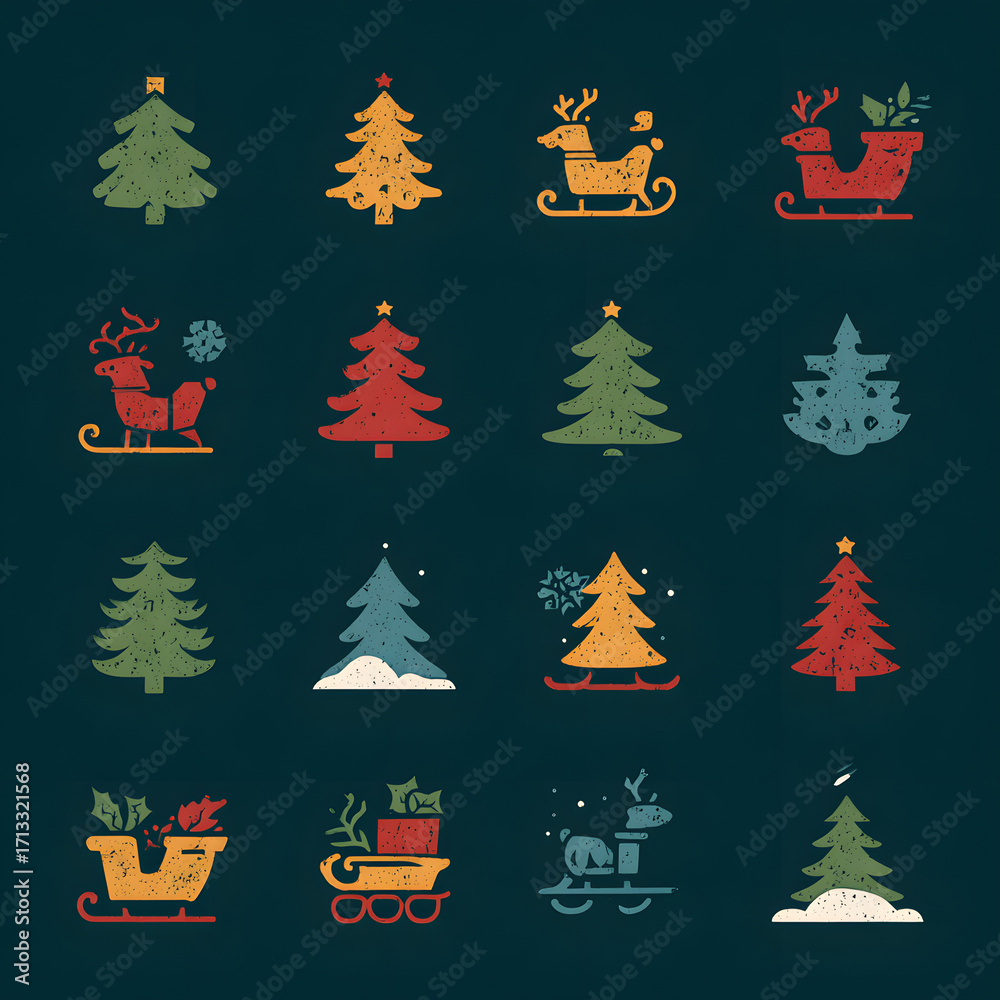 Obraz premium Vintage collection of Christmas tree and Santa's sleigh icons with a retro grunge texture for holiday design