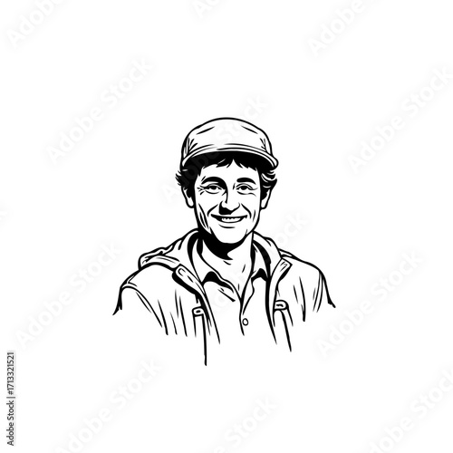 Smiling worker illustration: A detailed monochrome portrait of a cheerful person in work attire