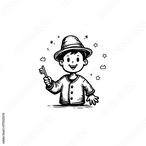 Smiling young boy illustration holding toothbrush while wearing a hat surrounded by stars and