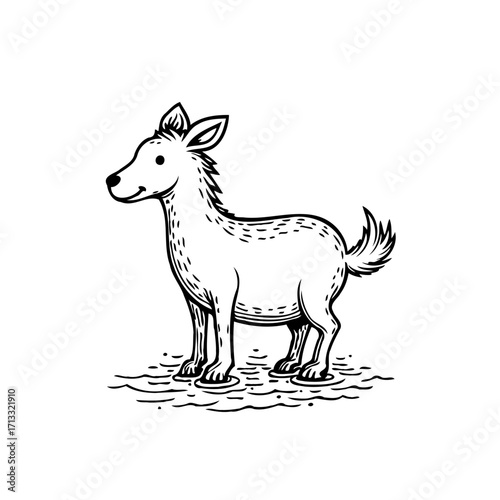 Stylized animal illustration featuring a donkey-like creature standing calmly in shallow water
