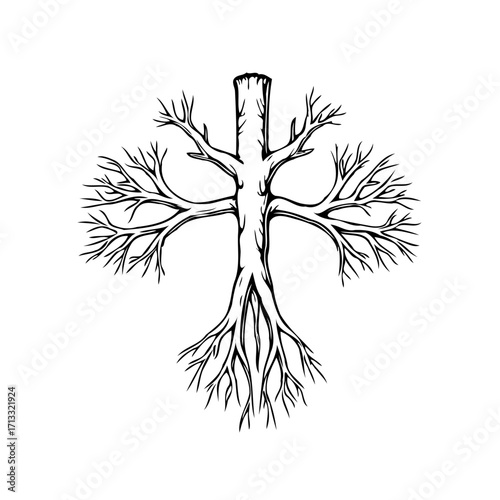 Stylized arboreal design showcasing graphic tree imagery with branches roots trunk nature vitality