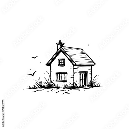 Stylized black and white illustration of cozy home with chimney surrounded by nature and birds