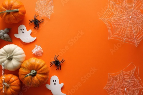 Festive halloween flat lay with pumpkins ghosts spiders and cobwebs on a vibrant orange background