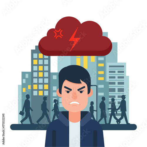 Angry man with storm cloud in city