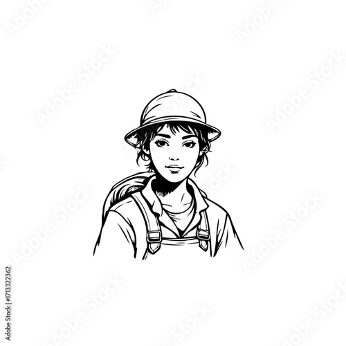 Stylized illustration of a young explorer with a pith helmet ready for outdoor adventures minimal