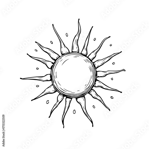 Stylized radiant sun illustration depicting celestial energy with intricate line work creating a