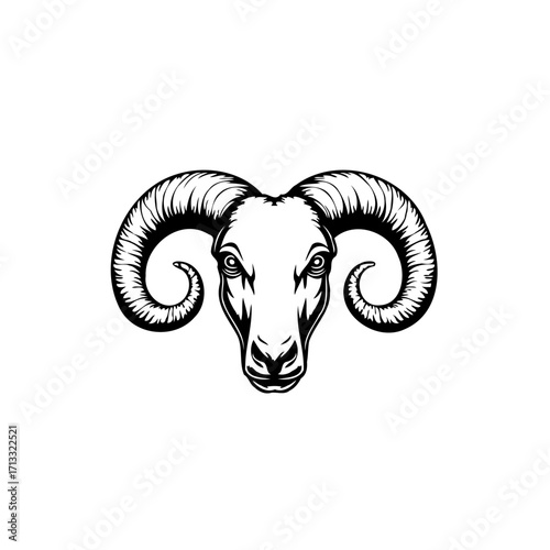 Stylized ram head artwork showcasing a powerful animal design with formidable curved horns and