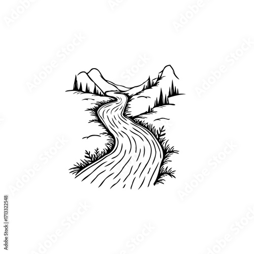 Stylized river winding through a mountainous terrain landscape illustration conveys serenity and