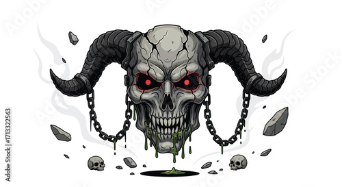 Demonic Skull with Horns Glowing Eyes and Dripping Green Slime.
