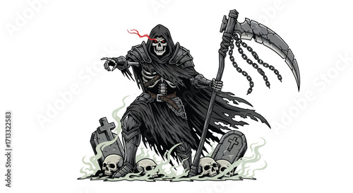 Skeletal Reaper Figure with Grim Scythe and Tombstones.